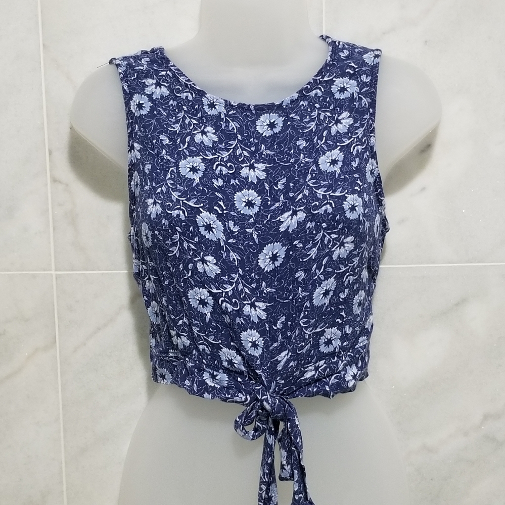 Bacio Blue Floral Tie Crop Sleeveless Top M